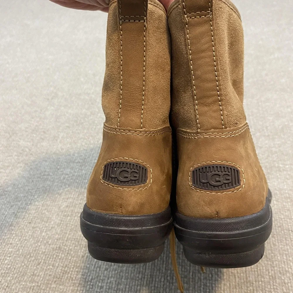 UGG Boots Womens Size 10 Brown Leather Fleece Lined Ankle Combat Zip Lace‎ Up